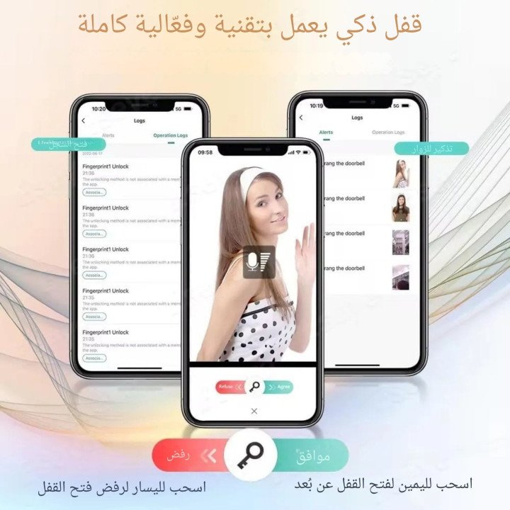 جرس الباب الذكي بالفيديو مع قفل ذكي ، بصمة الإصابع، كلمة السر، بطاقة، تطبيق الجوال، والمفتاح