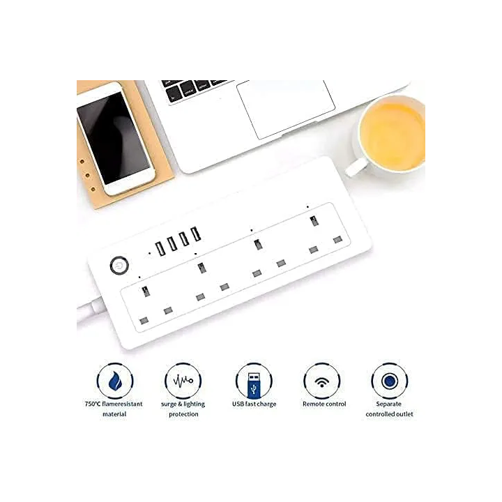 Smart Power Strip with 4 Outlets (13A) & 4 USB Ports - Remote Control, Compatible with Alexa & Google Home