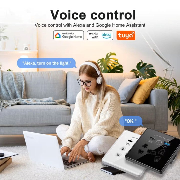 مقبس حائط ذكي باللمس 13A من تيكوندريس، منافذ USB/Type-C، يدعم واي فاي وتطبيق تويا، متوافق مع أليكسا وجوجل
