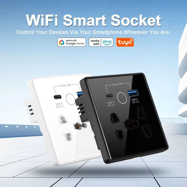 مقبس حائط ذكي باللمس 13A من تيكوندريس، منافذ USB/Type-C، يدعم واي فاي وتطبيق تويا، متوافق مع أليكسا وجوجل
