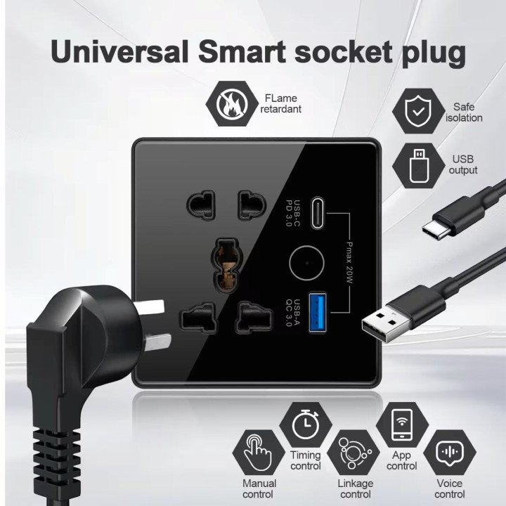 مقبس حائط ذكي باللمس 13A من تيكوندريس، منافذ USB/Type-C، يدعم واي فاي وتطبيق تويا، متوافق مع أليكسا وجوجل