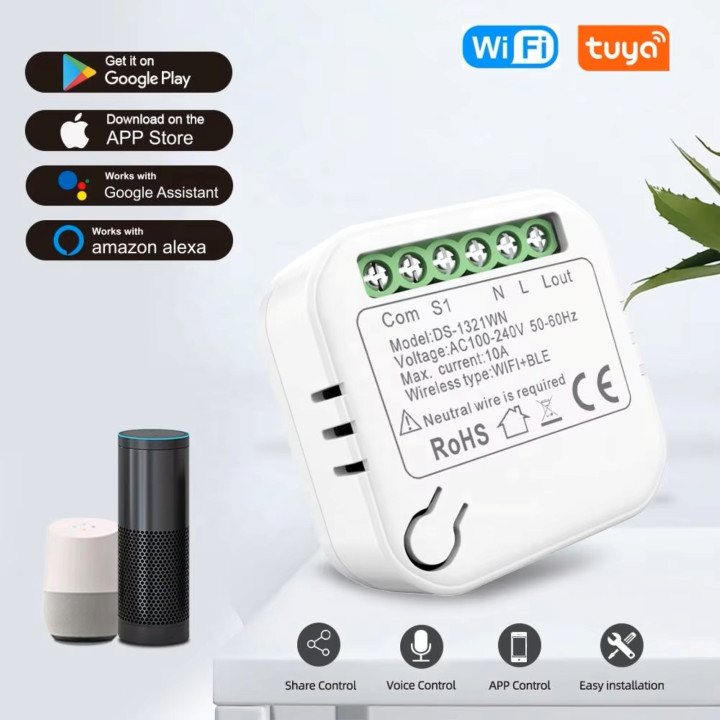 وحدة مفتاح ذكي  بتقنية Tuya WiFi مع مراقبة الطاقة، قاطع دائرة كهربائية صغير للتركيب الذاتي يدعم التحكم ثنائي الاتجاه