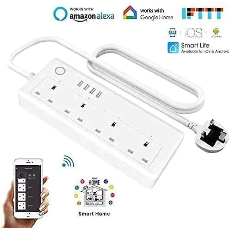 توصيلة كهرباء ذكية للتحكم في الأجهزة المنزلية عن بُعد، 4 مقابس 13 امبير، 4 منافذ USB، متوافق مع اليكسا وجوجل هوم