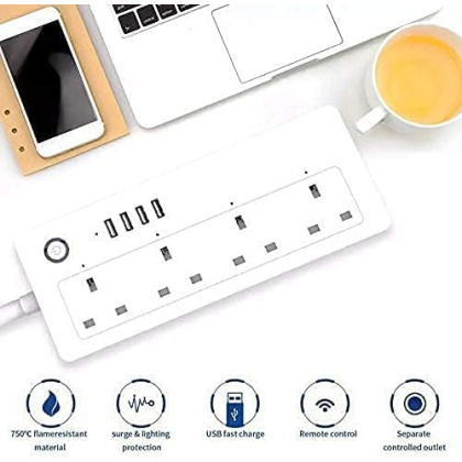 توصيلة كهرباء ذكية للتحكم في الأجهزة المنزلية عن بُعد، 4 مقابس 13 امبير، 4 منافذ USB، متوافق مع اليكسا وجوجل هوم