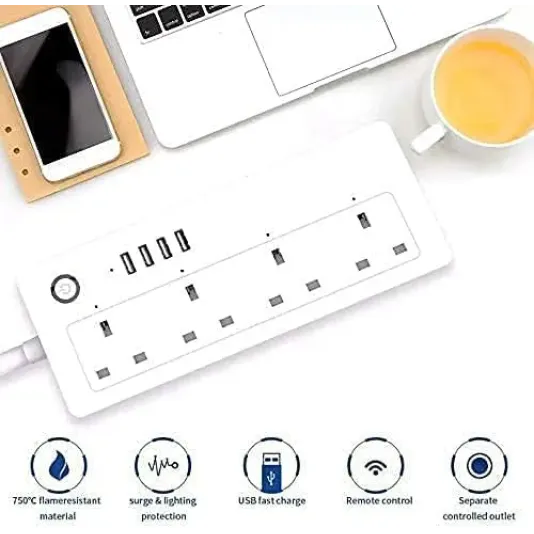 توصيلة كهرباء ذكية للتحكم في الأجهزة المنزلية عن بُعد، 4 مقابس 13 امبير، 4 منافذ USB، متوافق مع اليكسا وجوجل هوم