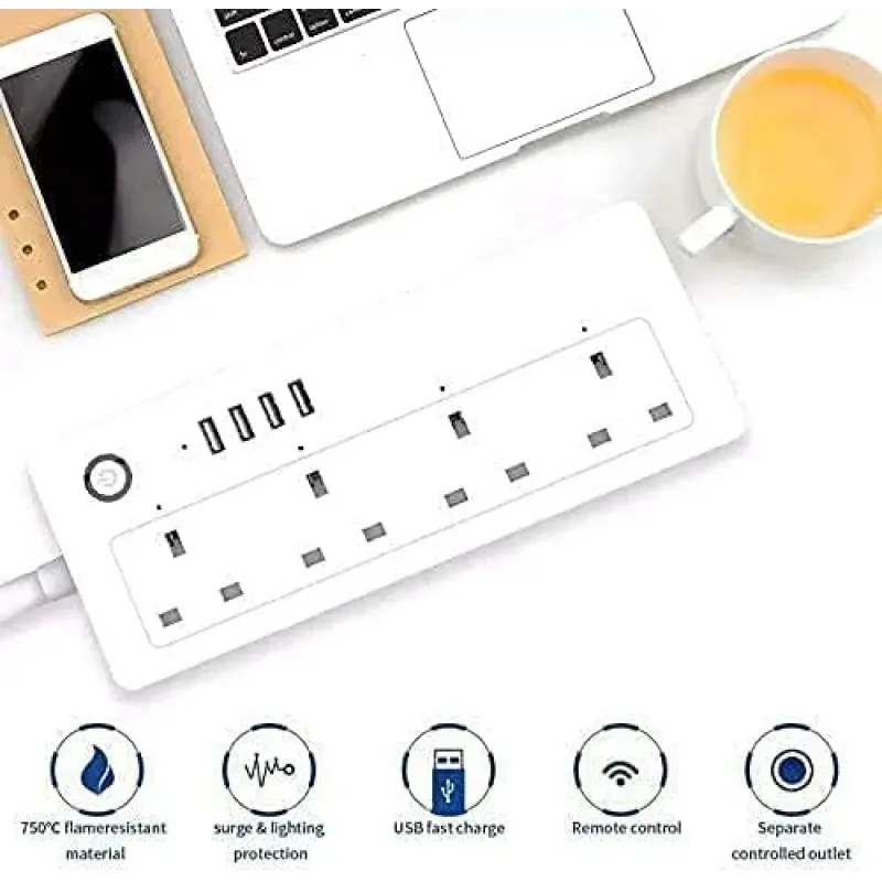 توصيلة كهرباء ذكية للتحكم في الأجهزة المنزلية عن بُعد، 4 مقابس 13 امبير، 4 منافذ USB، متوافق مع اليكسا وجوجل هوم