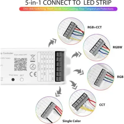 وحدة تحكم شريط LED 5 في 1 تعمل بالواي فاي وبلوتوث من دبليو بي 5، قابلة للتعتيم متوافقة مع تطبيق سمارت لايف/اليكسا ايكو/مساعد جوجل هوم/سيري، وحدة تحكم اضواء تيار مستمر 12-24 فولت