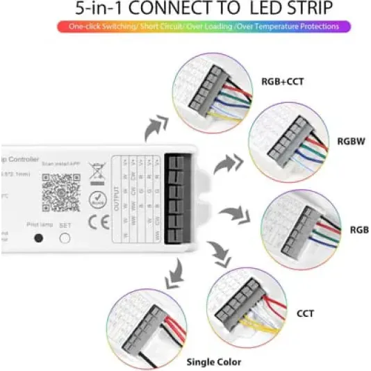 وحدة تحكم شريط LED 5 في 1 تعمل بالواي فاي وبلوتوث من دبليو بي 5، قابلة للتعتيم متوافقة مع تطبيق سمارت لايف/اليكسا ايكو/مساعد جوجل هوم/سيري، وحدة تحكم اضواء تيار مستمر 12-24 فولت