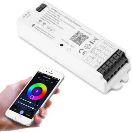 وحدة تحكم شريط LED 5 في 1 تعمل بالواي فاي وبلوتوث من دبليو بي 5، قابلة للتعتيم متوافقة مع تطبيق سمارت لايف/اليكسا ايكو/مساعد جوجل هوم/سيري، وحدة تحكم اضواء تيار مستمر 12-24 فولت