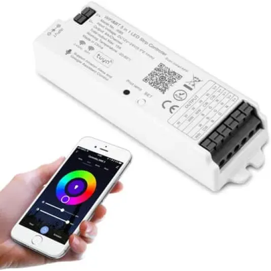 وحدة تحكم شريط LED 5 في 1 تعمل بالواي فاي وبلوتوث من دبليو بي 5، قابلة للتعتيم متوافقة مع تطبيق سمارت لايف/اليكسا ايكو/مساعد جوجل هوم/سيري، وحدة تحكم اضواء تيار مستمر 12-24 فولت