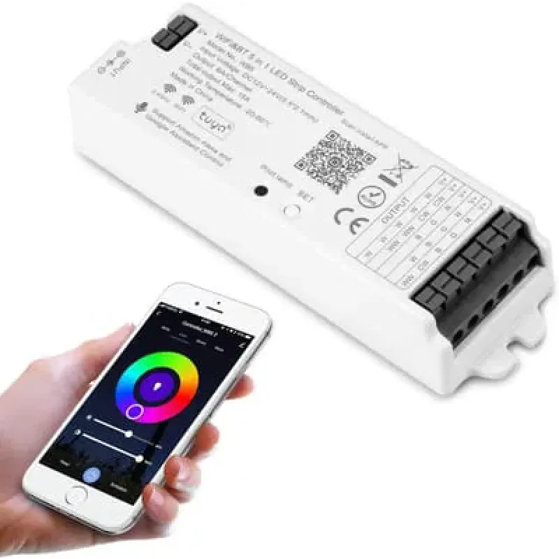 وحدة تحكم شريط LED 5 في 1 تعمل بالواي فاي وبلوتوث من دبليو بي 5، قابلة للتعتيم متوافقة مع تطبيق سمارت لايف/اليكسا ايكو/مساعد جوجل هوم/سيري، وحدة تحكم اضواء تيار مستمر 12-24 فولت