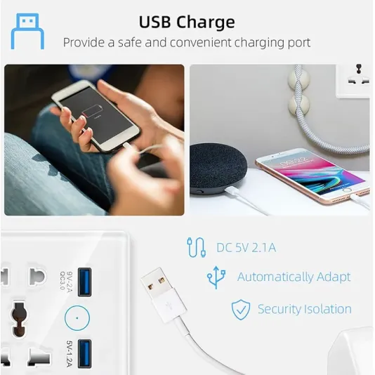 Smart Wi-Fi Plug for controlling electrical devices, with USB ports, compatible with Amazon Alexa and Google Home.