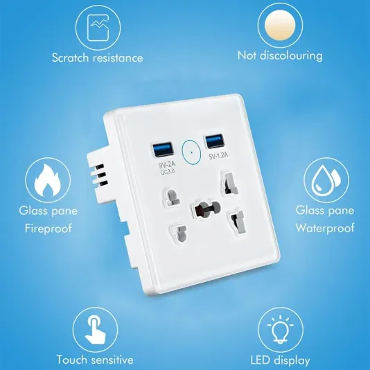 Smart Wi-Fi Plug for controlling electrical devices, with USB ports, compatible with Amazon Alexa and Google Home.