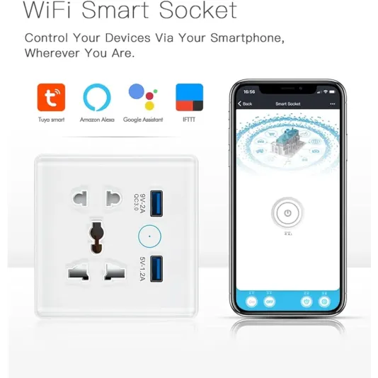 Smart Wi-Fi Plug for controlling electrical devices, with USB ports, compatible with Amazon Alexa and Google Home.