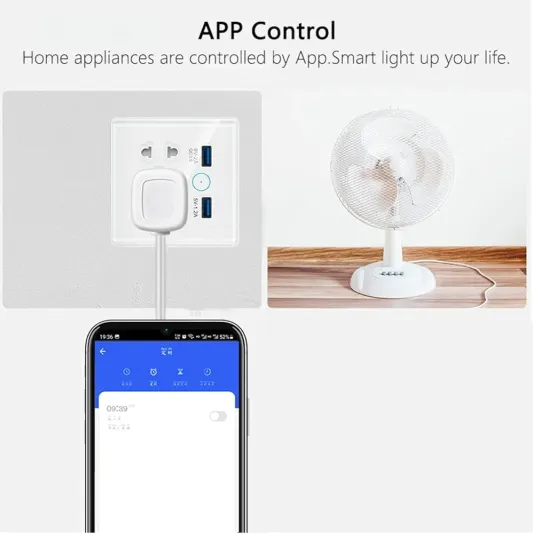 Smart Wi-Fi Plug for controlling electrical devices, with USB ports, compatible with Amazon Alexa and Google Home.