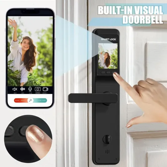Smart Video Doorbell with Integrated Smart Lock – Features Fingerprint Access, Password Entry, Card Unlocking, Mobile App Control, and Physical Key Access