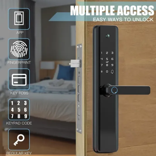 Smart Video Doorbell with Integrated Smart Lock – Features Fingerprint Access, Password Entry, Card Unlocking, Mobile App Control, and Physical Key Access
