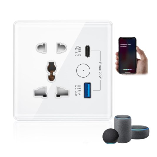 مقبس حائط ذكي يعمل باللمس مع واجهة USB نوع C بجهاز تحكم عن بعد بتطبيق تويا متوافق مع اليكسا وجوجل هوم وواي فاي 2.4G 13 امبير من تيكوندريس (USB وC)